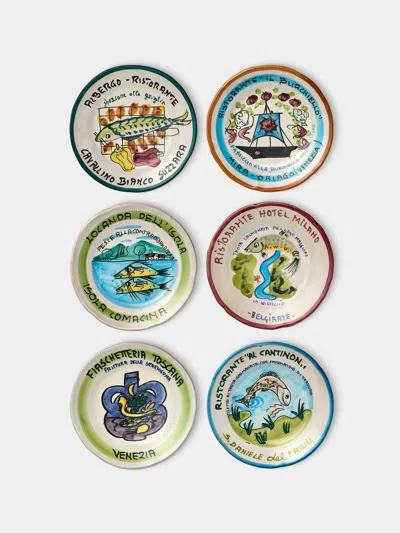 Antique And Vintage Mid-century Buon Ricordo Hand-painted Ceramic Dinner Plates (set Of 6)