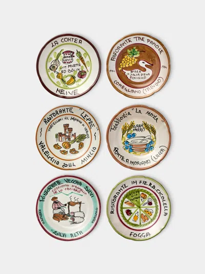 Antique And Vintage Mid-century Buon Ricordo Hand-painted Ceramic Dinner Plates (set Of 6)