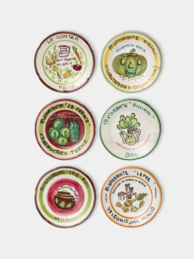 Antique And Vintage Mid-century Buon Ricordo Hand-painted Ceramic Dinner Plates (set Of 6)
