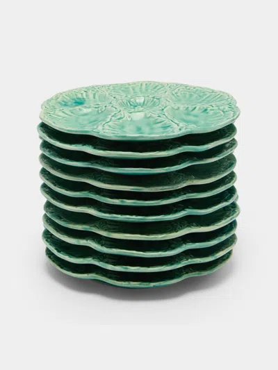 Antique And Vintage Mid-century Cabbage Majolica Ceramic Oyster Plates - 9.5in/24cm (set Of 10) In Green