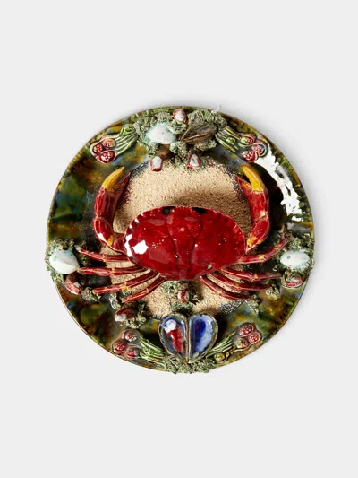 Antique And Vintage Mid-century Crab Majolica Ceramic Serving Plate (12in/31cm) In Multi