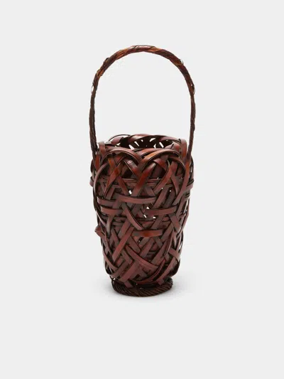 Antique And Vintage Mid-century Japanese Bamboo Ikebana Basket In Brown