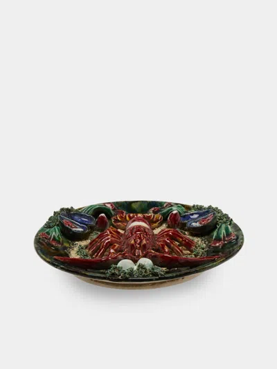 Antique And Vintage Mid-century Lobster Majolica Ceramic Serving Plate (9in/23cm) In Multi