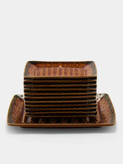 Antique And Vintage Mid-century Majolica Ceramic Asparagus Plates (set Of 3) In Brown