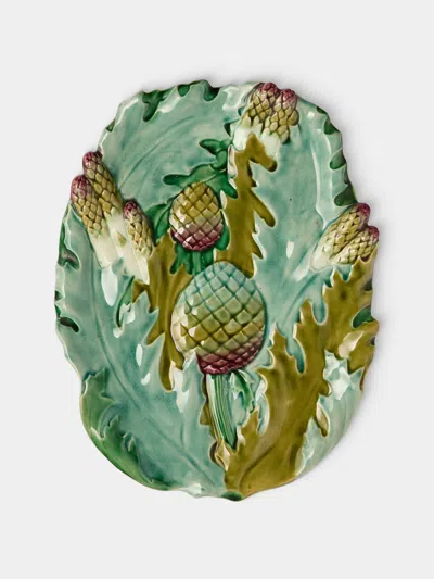 Antique And Vintage Mid-century Majolica Ceramic Asparagus Serving Plate (14.5in/37cm) In Green