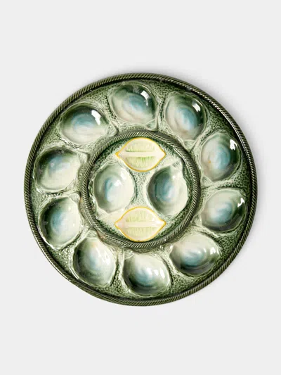 Antique And Vintage Mid-century Majolica Ceramic Oyster Plate (14.5in/37.5cm) In Multi