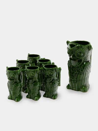 Antique And Vintage Mid-century Owls Ceramic Jug With Mugs (set Of 7) In Green