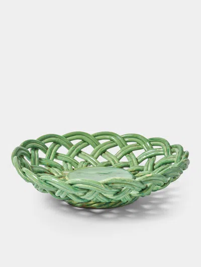 Antique And Vintage Mid-century Woven Ceramic Basket In Green