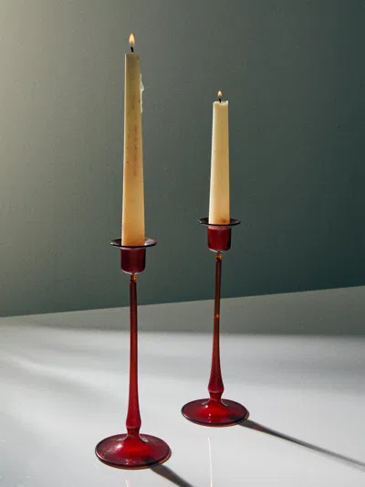 Antique And Vintage Mid-century Glass Candle Holders (set Of 2) In Red