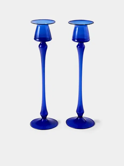 Antique And Vintage Mid-century Glass Candle Holders (set Of 2) In Blue