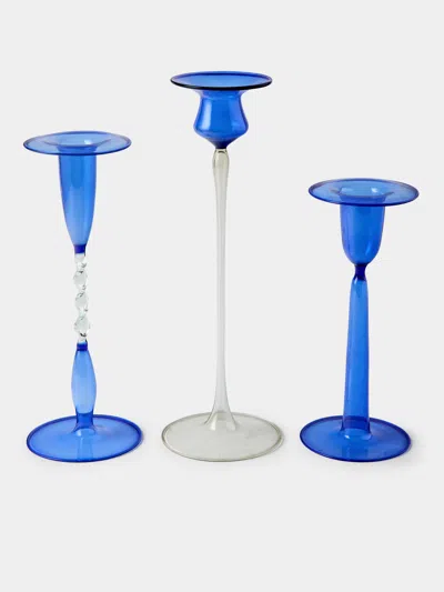 Antique And Vintage Mid-century Glass Candle Holders (set Of 3) In Blue