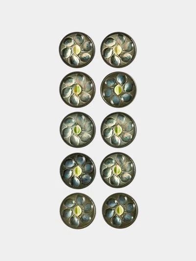 Antique And Vintage Mid-century Majolica Ceramic Oyster Plates - 10in/25cm (set Of 10) In Multi