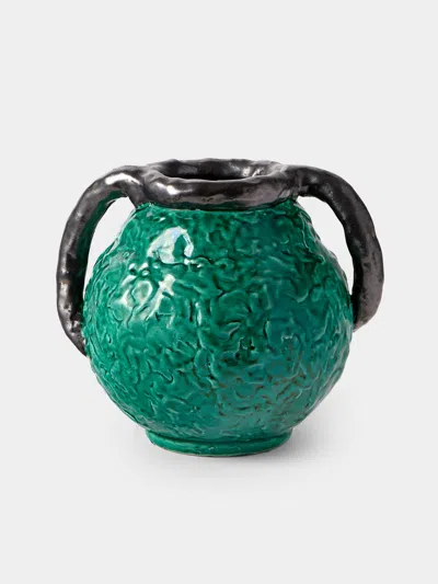 Antique And Vintage Mid-century Massier Ceramic Vase (10in/25.5cm) In Green