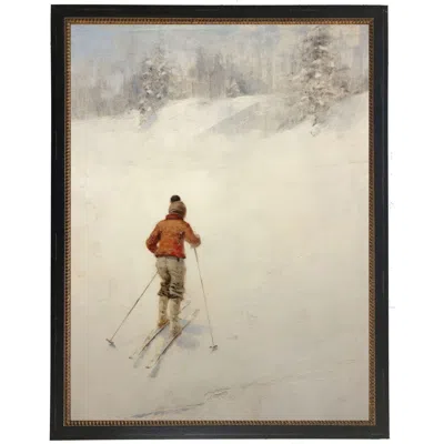 Antique Curiosities Vintage Oil Painting Of Boy Skiing In White