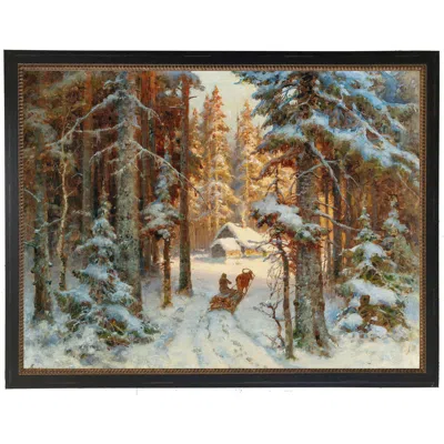 Antique Curiosities Vintage Oil Reproduction Of A Snowy Winter Scene In Brown