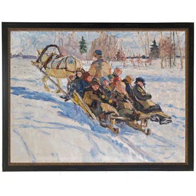 Antique Curiosities Vintage Winter Scene With Children And Horse And Sled In Multi