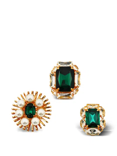 Anton Heunis Crystal-embellished Faux-pearl Brooch (set Of Three) In Green