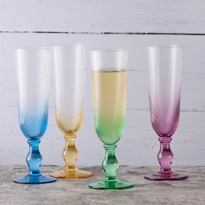 Anton Studio Designs Swirl 8.5oz. Champagne Glass Stemware Set In Blue;green;yellow;pink
