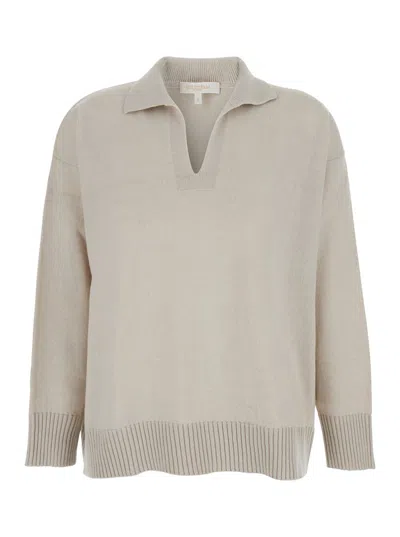 ANTONELLI AUGUSTO BEIGE SWEATER WITH V NECK AND RIBBED TRIMS IN WOOL WOMAN