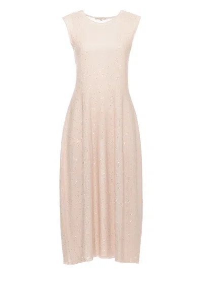 Antonelli Beige Midi Dress With Sequined Embellishments And Relaxed Silhouette In Neutral