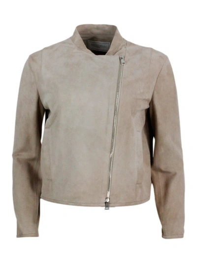 ANTONELLI BIKER JACKET MADE OF SOFT SUEDE. SIDE ZIP CLOSURE AND POCKETS ON THE FRONT