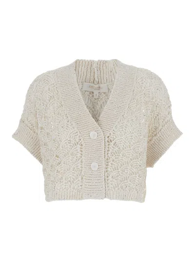 Antonelli Bizet White Knit Cardigan With V Neck In Linen And Cotton Woman