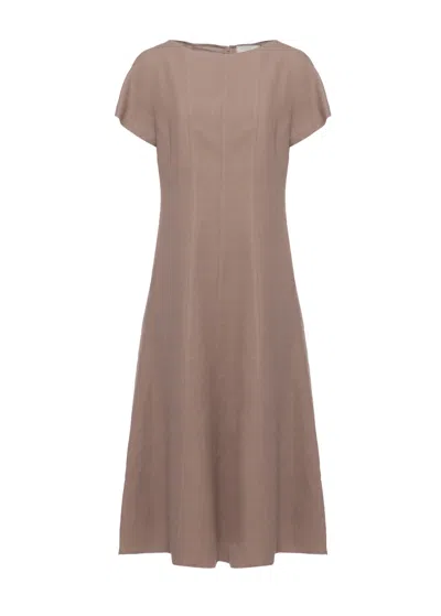 Antonelli Brown Silk Midi Dress With Flared Hem And Seam Detailing