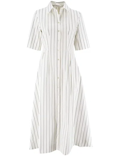 Antonelli Button-fastening Striped Midi Dress With Short Sleeves In Ivory/blue