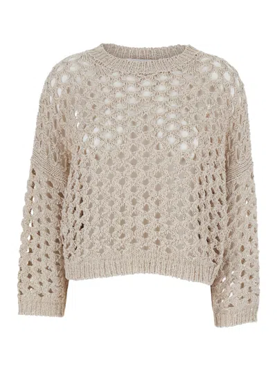 Antonelli Campanellino Beige Crewneck Knit Sweater In Cotton Blend Woman