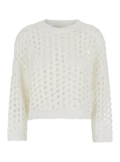 Antonelli Campanellino White Crewneck Knit Sweater In Cotton Blend Woman