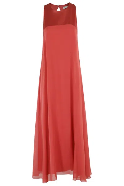 Antonelli Coral Silk Maxi Dress With Flared Skirt In C Coralred