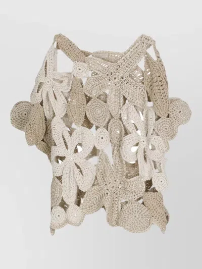 Antonelli Crochet Linen Blend Top Round Neckline In Multi