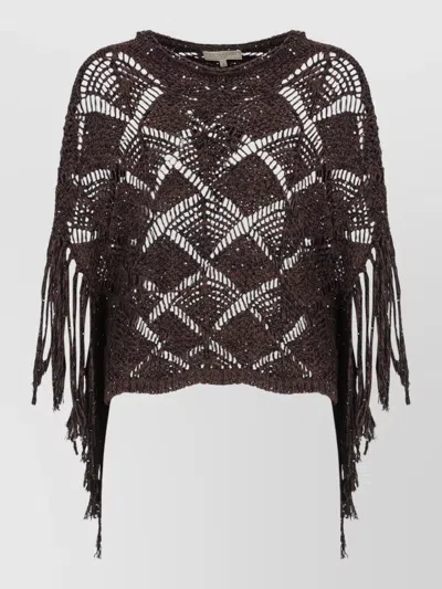 Antonelli Crochet Sequin Crewneck Sweater Short Sleeves Fringe In Brown