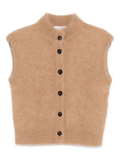 ANTONELLI CROPPED BEIGE SWEATER VEST WITH HIGH NECKLINE