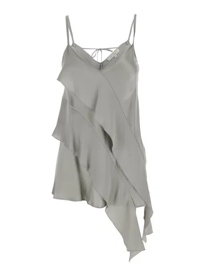 Antonelli Danimarca Green Top With Adjustable Spaghetti Straps And Front Asymmetric Ruffle In Satin Woman In Grey