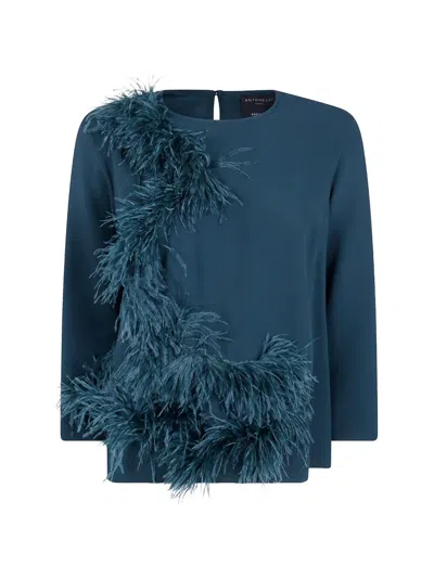 Antonelli Feather-trim Long-sleeve Blouse In Blue
