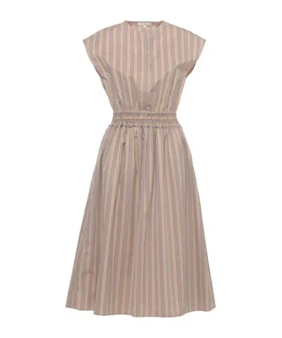 Antonelli Beige Vertical Striped Midi Dress With Elastic Waist And Round Neckline In Brown
