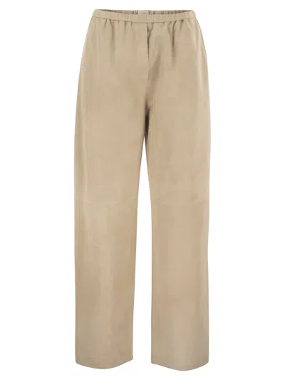 Antonelli Firenze Soft Suede Trousers With Elasticated Waist In Neutral