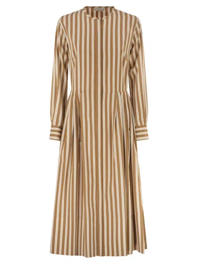 Antonelli Firenze Striped Cotton Midi Dress With Tailored Pleats In Brown