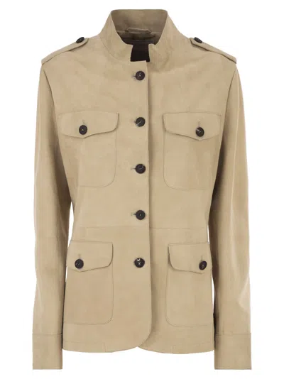Antonelli Firenze Suede Safari Jacket With Patch Pockets In Neutral