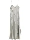 Antonelli Luisiana Green Dress With Spaghetti Straps And Front Ruffle In Satin Woman In Grey