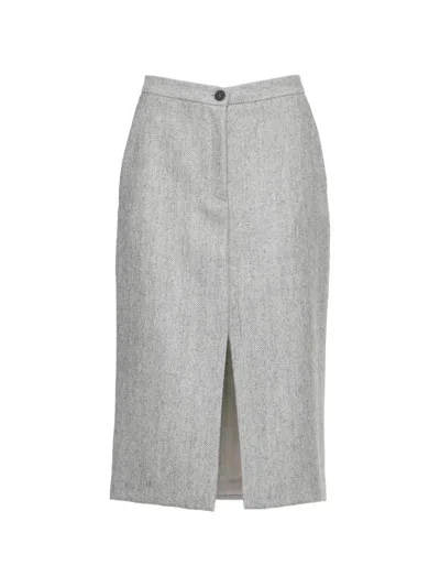 Antonelli Herringbone-pattern Front-split Midi Skirt In Gray