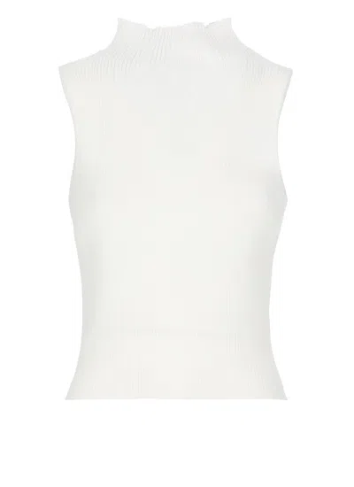 Antonelli High Neck Sleeveless Ribbed Cotton Top In White