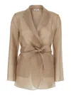 Antonelli James Beige Jacket With Notched Revers And Adjustable Belt Closure In Silk Woman In Brown