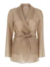 Antonelli James Beige Jacket With Notched Revers And Adjustable Belt Closure In Silk Woman In Brown