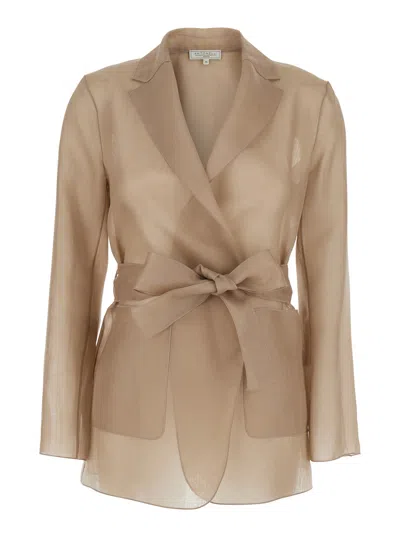 Antonelli James Beige Jacket With Notched Revers And Adjustable Belt Closure In Silk Woman In Brown