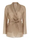 Antonelli James Beige Jacket With Notched Revers And Adjustable Belt Closure In Silk Woman