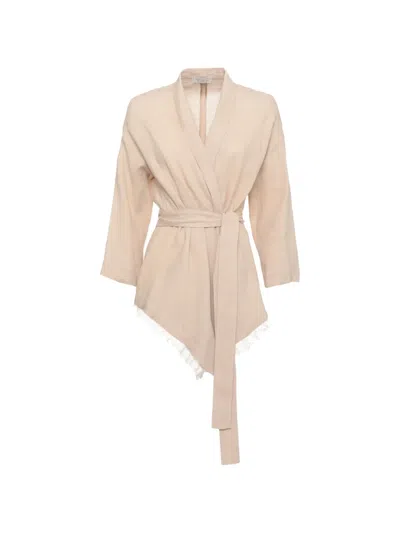 Antonelli Katia Belted Fringe-trim Jacket In Neutral