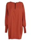 Antonelli Loose Mini Dress With Long Puff Sleeves And Chain Detail In Brown