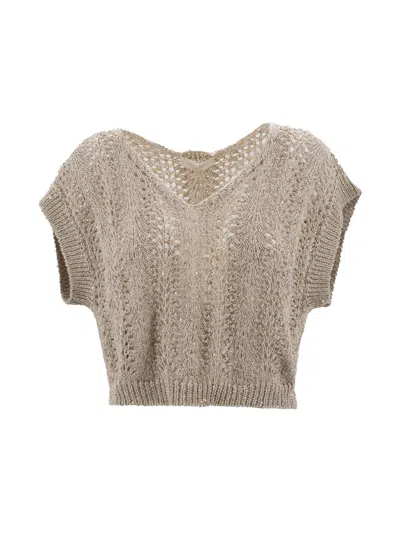 Antonelli Lace Knit Top With Sequins In Neutral